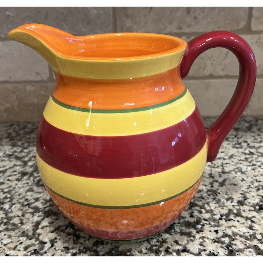 Crate & Barrel Tampico Stripe Ceramic Pitcher Orange Red Yellow Green 96 oz